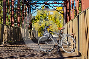 City bike on the greenbelt bridge in downtown Boise Idaho photo